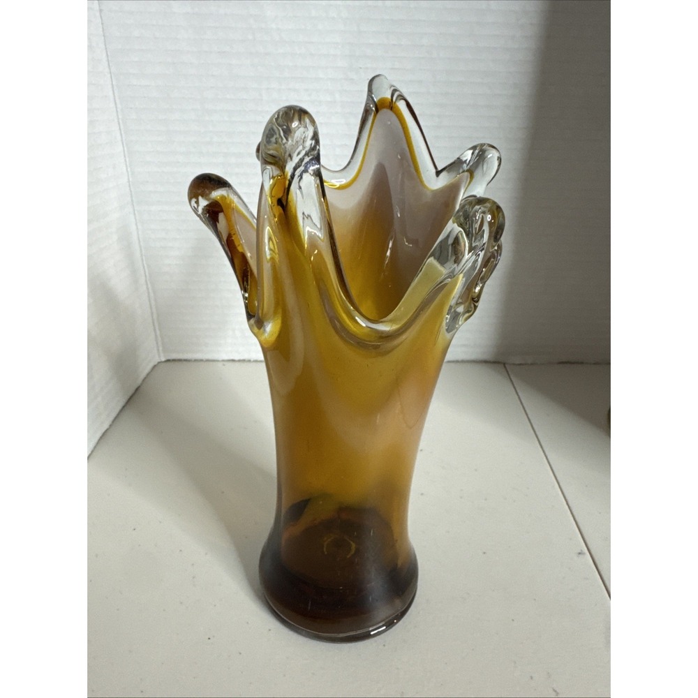 Vintage Pulled Glass Art Vase  Studio Glass Amber Gold Cream Brown Switl